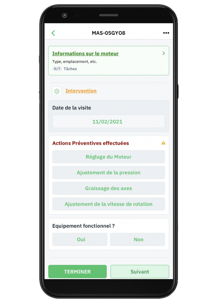 Suivi d'équipements : fiche de contrôle 
